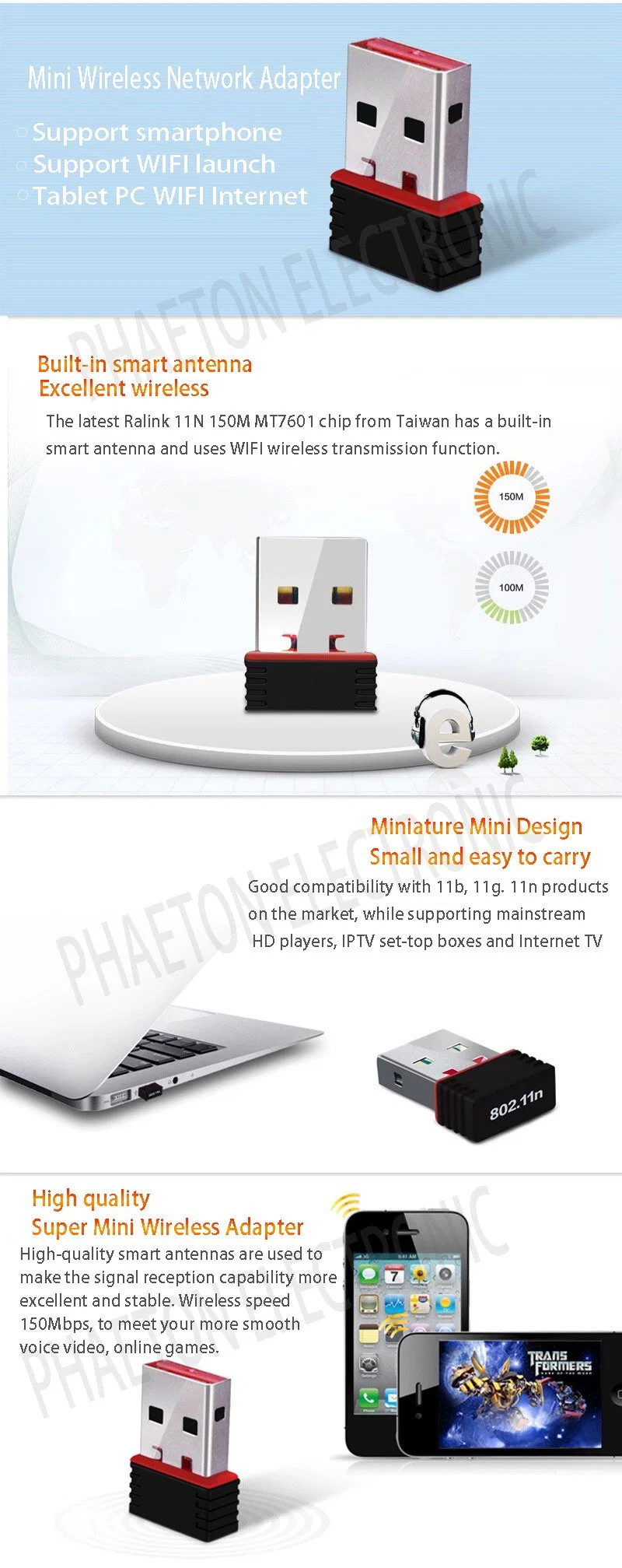 Wireless Network Dongle Mini USB WiFi Adapter Mt7601